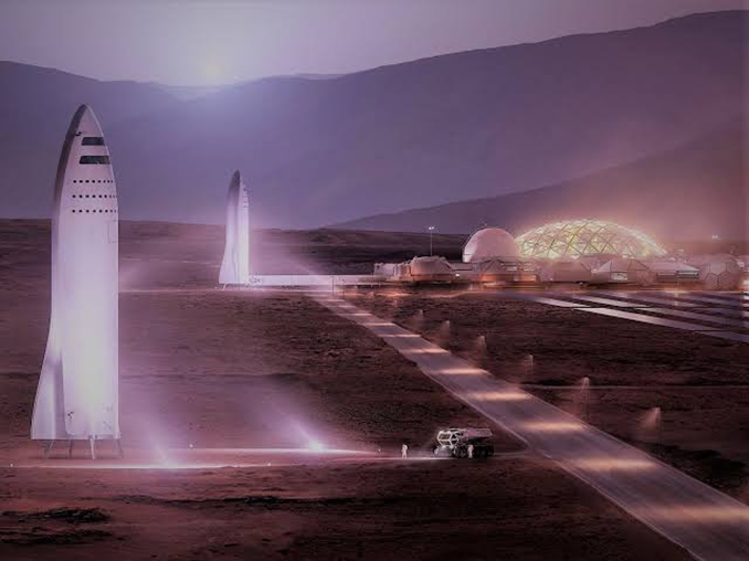 Concept render of a Mars settlement: two landed starships beside a lit dome habitat on the red plain