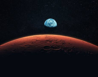 Earth seen as a small blue point in a black sky above the curved red limb of Mars