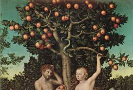 Painting depicting Adam and Eve taking the forbidden fruit in the presence of the serpent